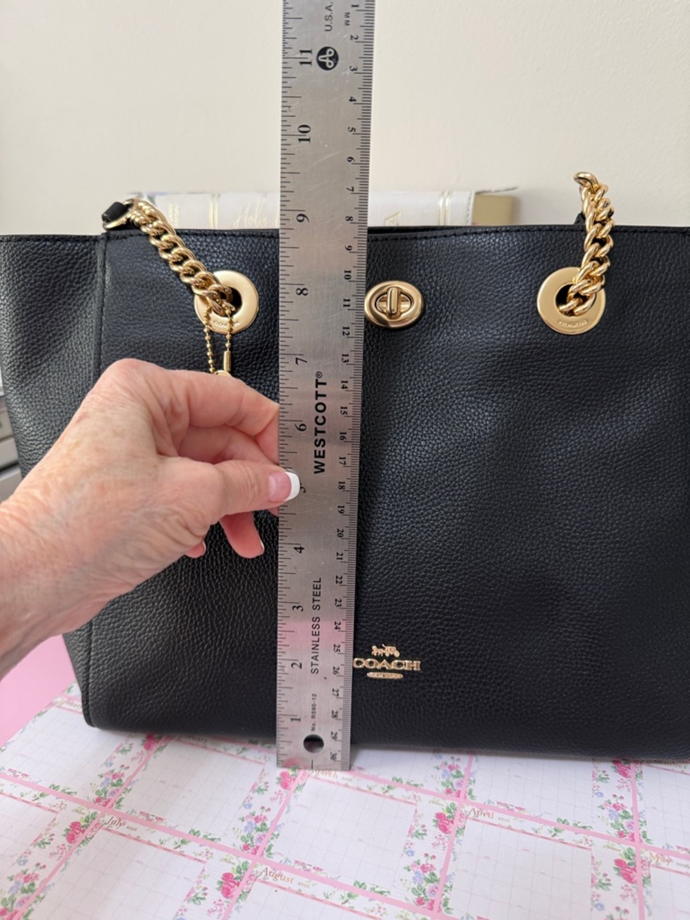 Coach Black Leather Tote with Gold Chain Handles - Picture 12 of 15